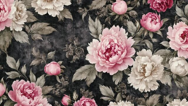 Animated background with baroque flowers on a black background, moody muted colors. Stop motion animated background.	
