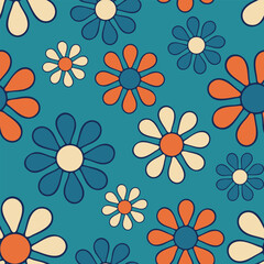 Fototapeta na wymiar Seamless vector pattern with retro daisy flowers on blue background. Simple groovy floral wallpaper design. Decorative hippies meadow fashion textile.