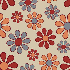 Seamless vector pattern with retro flowers on beige background. Simple vintage floral wallpaper design. Decorative hippie boho fashion textile.
