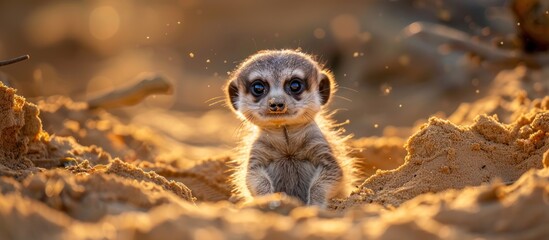 A baby meerkat is joyfully standing in the dirt, looking around with curiosity and alertness. - obrazy, fototapety, plakaty