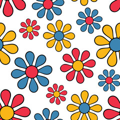 Seamless vector pattern with retro flower blooms on white background. Simple colourful floral wallpaper design. Decorative happy flower meadow fashion textile.
