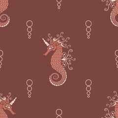 Seamless vector pattern with seahorse on brown background. Simple modern unicorn wallpaper design. Decorative fantasy horse fashion textile.