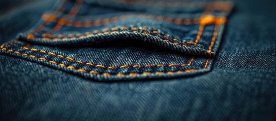 A detailed view of a fashionable pair of blue jeans, showcasing the texture and stitching of the denim fabric.