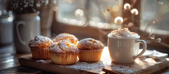 Foto op Plexiglas A wooden tray with freshly baked muffins is placed next to a steaming cup of coffee. © FryArt Studio
