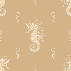 Seamless vector pattern with seahorse on yellow background. Simple sea unicorn wallpaper design. decorative fantasy fashion textile.