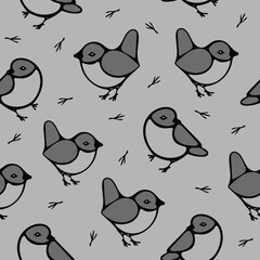 Seamless vector pattern with tomtit on grey background. Simple cute bird wallpaper design. Decorative sparrow fashion textile.