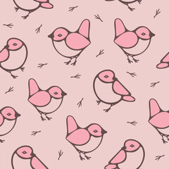 Seamless vector pattern with hand drawn birds on pink background. Simple cute animal wallpaper design. Decorative sparrow fashion textile.