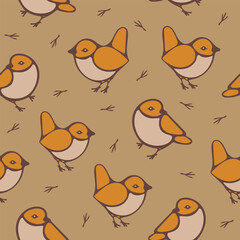 Seamless vector pattern with yellow birds on beige background. Simple tomtit wallpaper design. Decorative cute chick fashion textile.