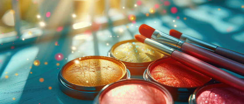 Makeup scene with shimmering eye shadow pots and lipsticks, reflecting lights and colors, perfect for glamour and beauty advertising, festive makeup promos, and holiday cosmetic campaigns. High
