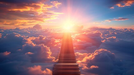 Stairway to heaven adorned with blooming flowers leading to a cosmic rainbow gateway - obrazy, fototapety, plakaty