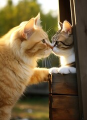 Two cats are nuzzling each other on a wooden fence