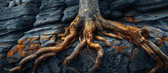 Fototapeta na wymiar A tree is thriving as it grows out of a sturdy rock, showcasing natures resilience and adaptability in challenging environments.