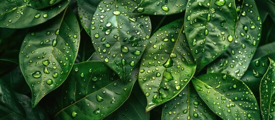 Close-up of vibrant green soursop leaves covered in glistening water drops, reflecting light and showcasing natures beauty.