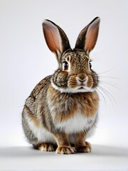 Obraz premium Close-up of a brown and white rabbit with large, alert ears against a light background
