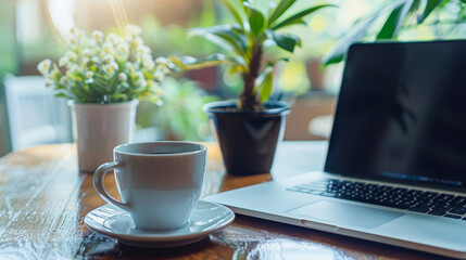 Ambiente domestico tranquillo con un laptop e una tazza di caffè, che rappresenta la comodità di lavorare da casa - obrazy, fototapety, plakaty