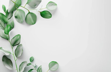 
A green twig with leaves lying on a white canvas, a white sheet of paper, a gradient, a watman with a branch of greenery, a mockup for a photo 4 - obrazy, fototapety, plakaty