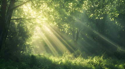 A serene forest scene with sunbeams filtering through trees