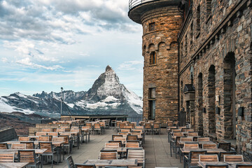 Panorama restaurant patio with Matterhorn mountain at Switzerland