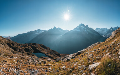 Landscape of Mont Blanc massif with Lac des Cheserys in autumn on daylight at Chamonix, France