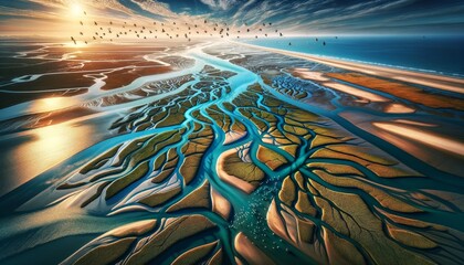 A spectacular wide-angle aerial view of a river delta where the freshwater meets the sea.