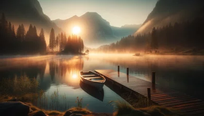 Foto op Plexiglas A serene sunrise over a misty alpine lake. © FantasyLand86