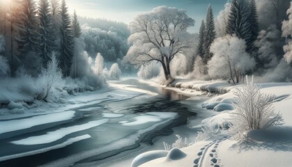 A picturesque winter scene where a partially frozen river winds through a snow-covered landscape. - obrazy, fototapety, plakaty