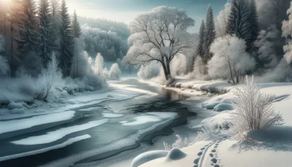 Fotobehang A picturesque winter scene where a partially frozen river winds through a snow-covered landscape. © FantasyLand86