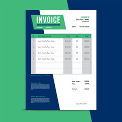 Blue and green Business invoice form template. Invoicing quotes, money bills or price invoices and payment agreement design templates. Tax form, bill graphic or payment receipt page vector set