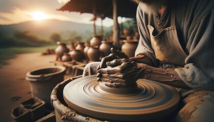 A local artisan crafting pottery outdoors, with the landscape bathed in the warm glow of dusk. - obrazy, fototapety, plakaty