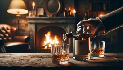 A medium shot of a cozy scene with a pair of whiskey glasses, one being poured from an elegant bottle.