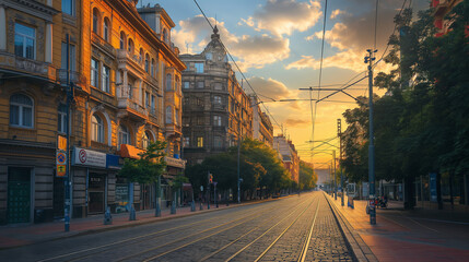 Quiet city street at sunrise with vintage buildings and tram tracks, urban morning - obrazy, fototapety, plakaty