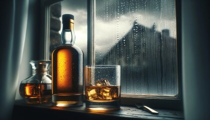A medium shot image of a whiskey bottle and glass set on a windowsill.