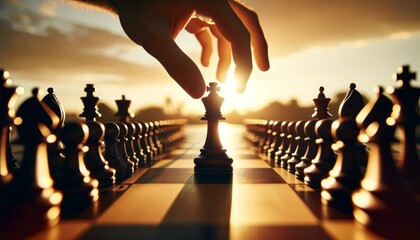 Create a detailed and poignant image of a hand reaching out to confidently move the king chess piece on a chessboard during the golden hour of sunset. - obrazy, fototapety, plakaty