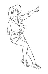 Girl pointing holiday pose cartoon illustration