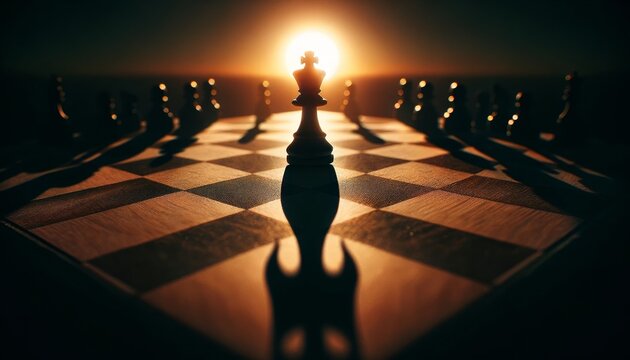 An evocative and detailed image of a solitary pawn chess piece on a chessboard at sunset.