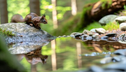 Obraz premium A medium shot of a squirrel on a rock beside a small stream, with reflections of the surrounding forest in the water.