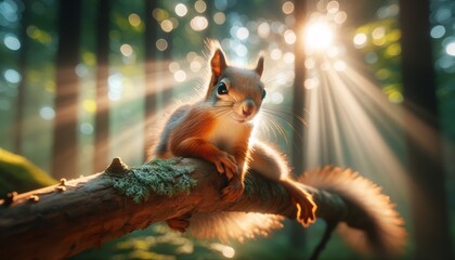 A medium shot of a squirrel in a relaxed pose on a branch, with a soft-focus background showing the depth of the forest and rays of sunlight creating .