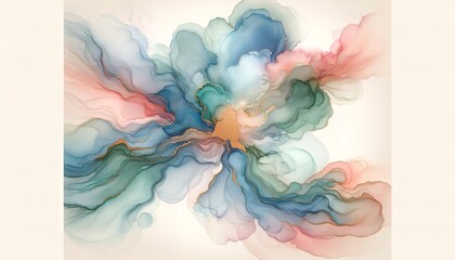 An image of an abstract pastel-toned watercolor background with a flow of blue and green complementing pink and gold.