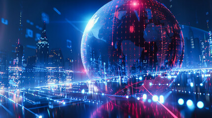 Global network concept in a futuristic cityscape, highlighting digital connections and global business dynamics