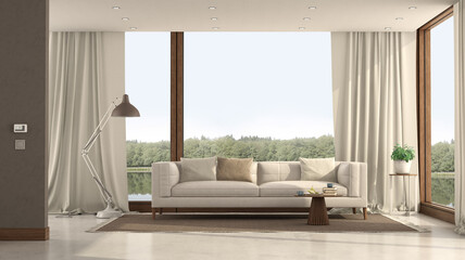 Minimalist living room of a lake house with scenic nature view - 765617718