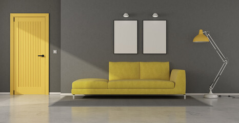 Gray and yellow living room interior with sofa and blank wall art