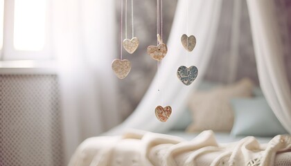 A handcrafted mobile of ceramic heart ornaments with delicate patterns, suspended in a gentle, airy bedroom. - obrazy, fototapety, plakaty