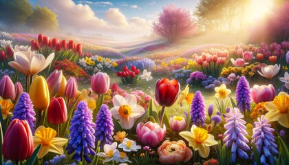 An idyllic spring meadow bathed in soft morning light, featuring a variety of vibrant spring flowers including tulips in red, pink, and yellow, hyacin. - obrazy, fototapety, plakaty