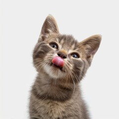 cute kitten is licking isolated on white background, portrait. ai generated