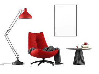 Reading corner with red armchair floor lamp and side table isolated on white background - 3d rendering - 765617925