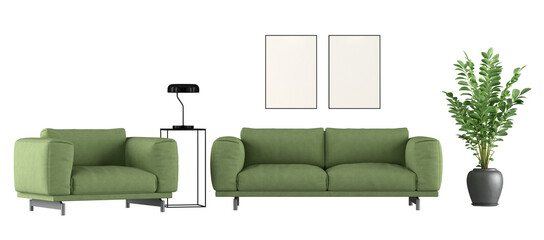 Elegant green sofa and armchair with decor elements, on transparent background- 3D rendering