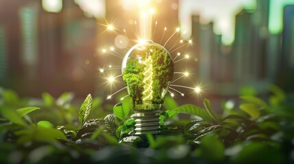 Lampadina incastonata nell’erba, a simbolizzare azienda che implementa politiche di risparmio energetico per ridurre i costi operativi e promuovere energia pulita