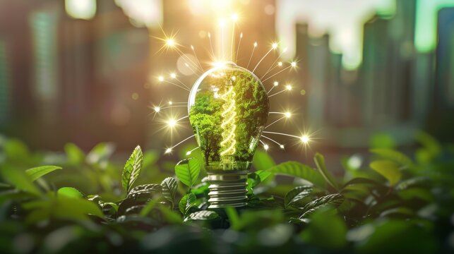 Lampadina incastonata nell&rsquo;erba, a simbolizzare azienda che implementa politiche di risparmio energetico per ridurre i costi operativi e promuovere energia pulita