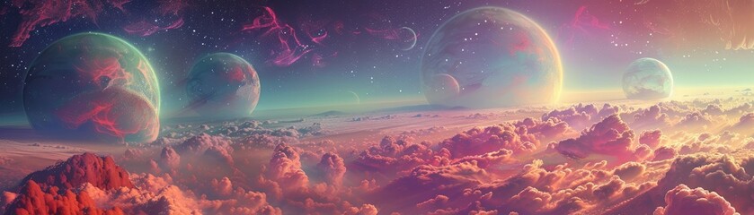 Otherworldly landscape with colorful planets - Surreal landscape of vibrant cloud formations and floating planets representing exploration, imagination, and dreams - obrazy, fototapety, plakaty