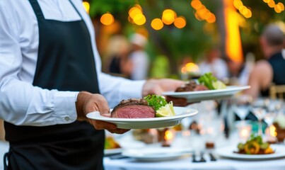 Waiter carry plate with steak meat or fresh dish on wedding ceremony. banner.